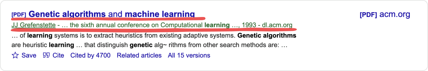 Google Scholar single search result entry